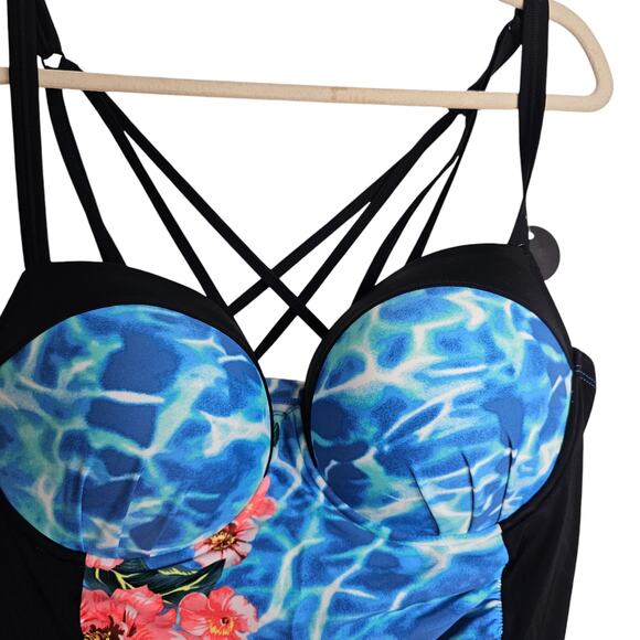 Torrid Swimsuit One Piece Swimsuit Women 3X D-DD Blue Black Strappy Swimsuit NEW - Picture 2 of 11